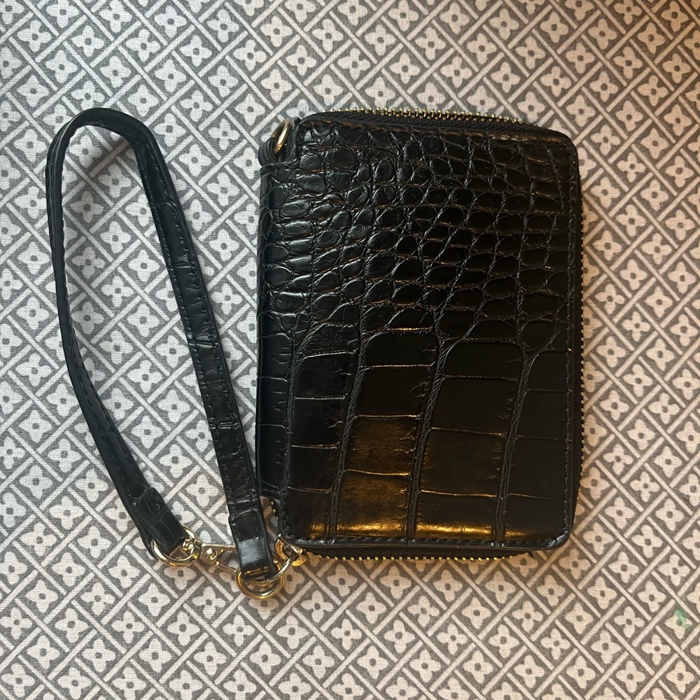 Mini black faux snake skin wallet w/ strap